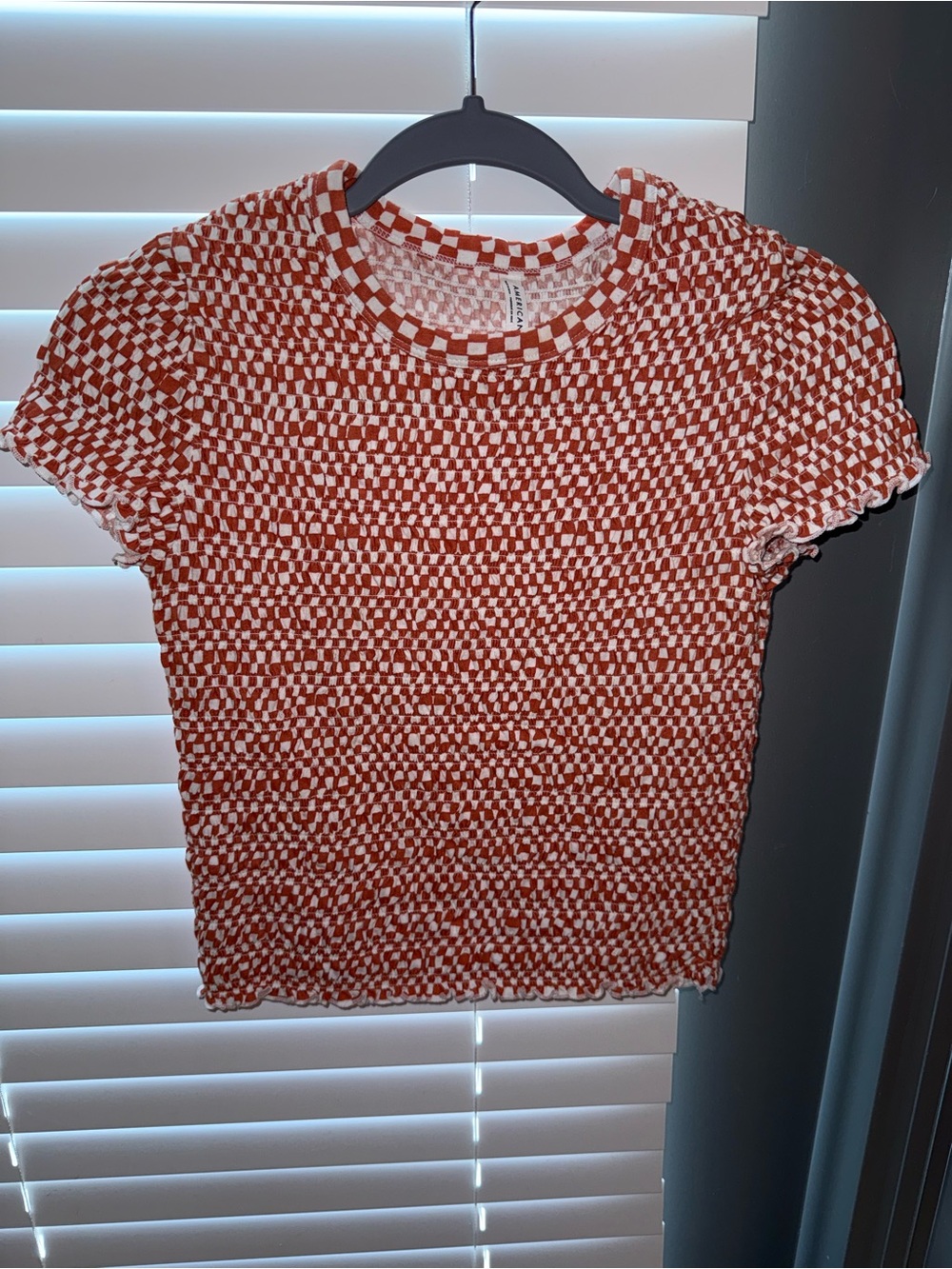 American Eagle Outfitters Rust & White Checkerboard Short Sleeve Top